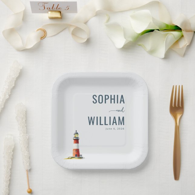Serene Gray Lighthouse Illustration Paper Plate (Wedding)