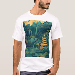 Serene Green and Blue Mountain Watercolor Scenery  T-Shirt