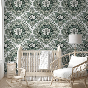 Serene Green and White Floral Haven Wallpaper