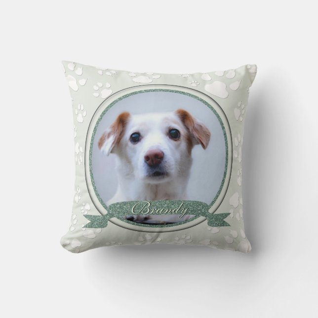 Serene Green Dog Memorial Paw Prints Cushion (Front)