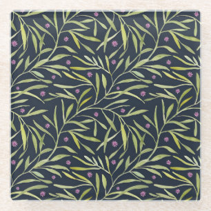 Serene Green Leafy Vines with Pink Flowers Glass Coaster