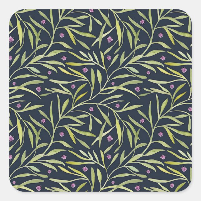 Serene Green Leafy Vines with Pink Flowers Square Sticker (Front)