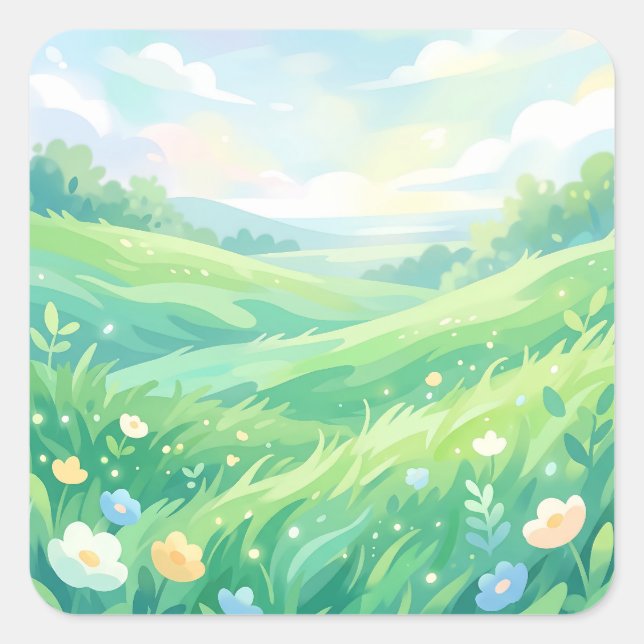 Serene Green Meadow and Spring Flowers Square Sticker (Front)