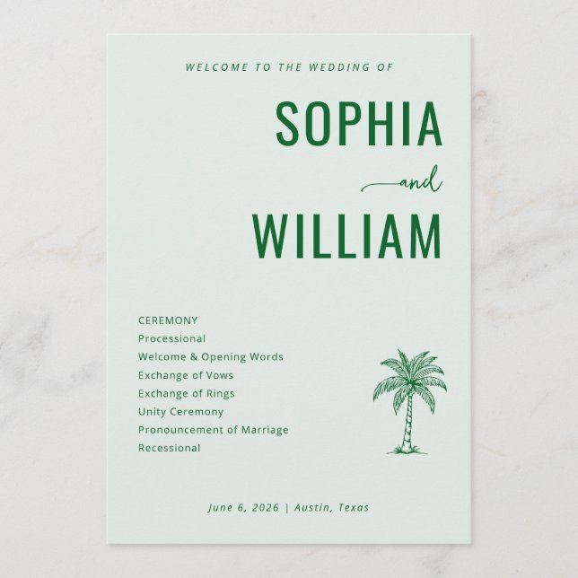 Serene Green Palm Tree Wedding Ceremony Programme (Front)
