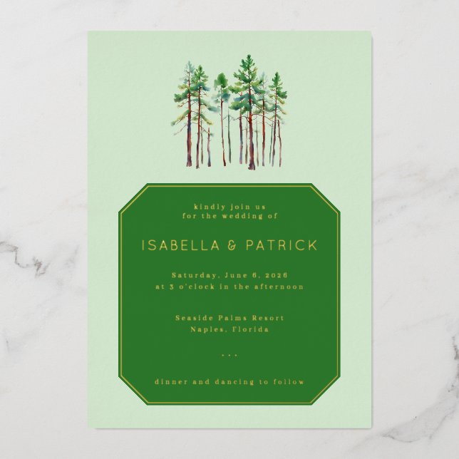 Serene Green Pine Tree Wedding Invitation (Front)