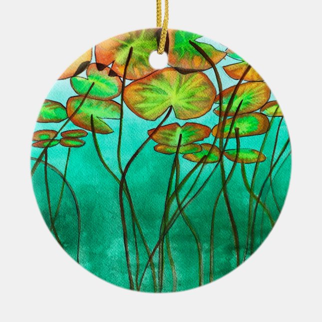 serene green pond with lilypads ceramic tree decoration (Front)