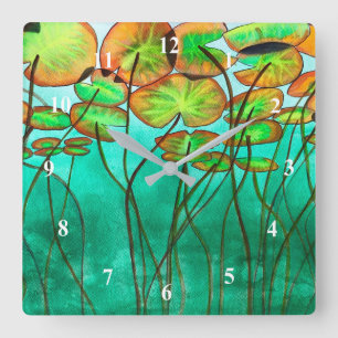 serene green pond with lilypads square wall clock