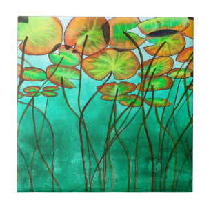 serene green pond with lilypads tile