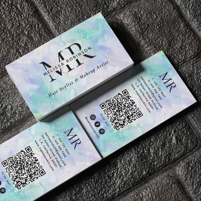 Serene Green & Purple Alcohol Ink Monogram QR Code Business Card (Creator Uploaded)