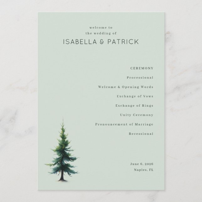 Serene Green Tree Wedding Ceremony Programme (Front)