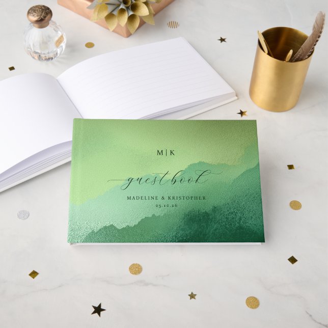 Serene Green Watercolor Landscape Guest Book (Front Open)