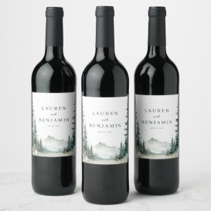 Serene Green Watercolor Mountain Landscape Wine Label