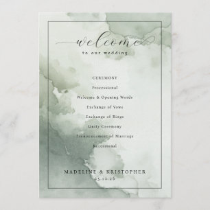 Serene Green Watercolor Wedding Ceremony Schedule Programme