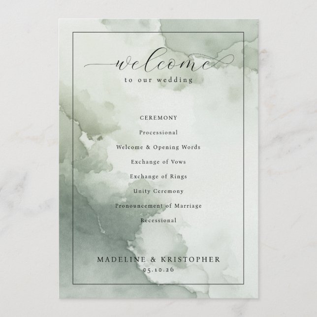 Serene Green Watercolor Wedding Ceremony Schedule Programme (Front)
