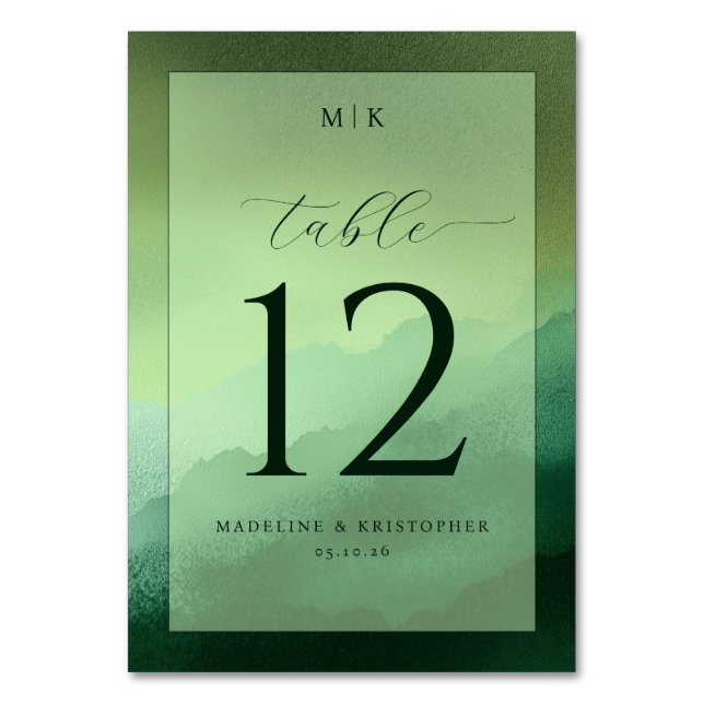 Serene Green Watercolor Wedding Table Card (Front)