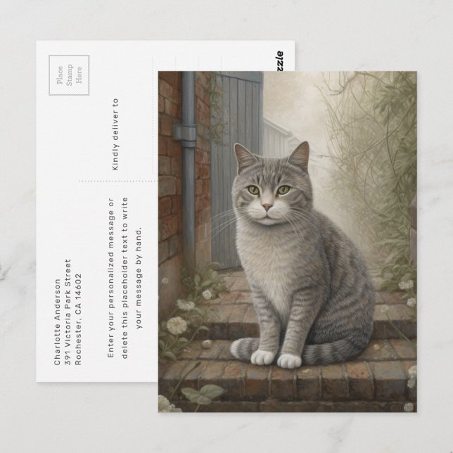 Serene Grey Cat Relaxing In The Backyard Postcard (Front/Back)