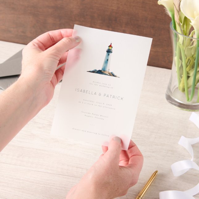 Serene Grey Watercolor Lighthouse Vellum Invitations (Handheld)