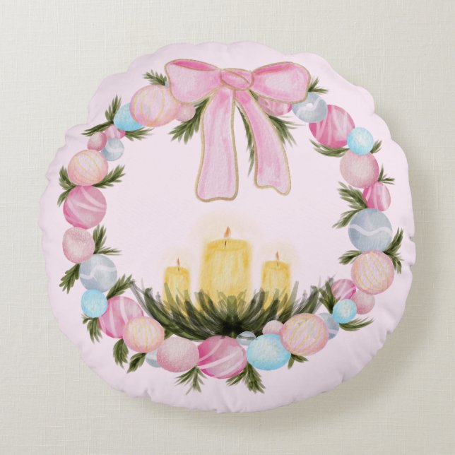 Serene Holiday Wreath Round Cushion (Front)