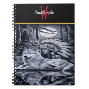 Serene Indian Woman With Wolf at Waters Edge Notebook