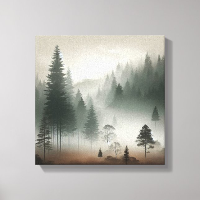 Serene Japandi Foggy Forest Wall Scene Minimal Art Canvas Print (Front)