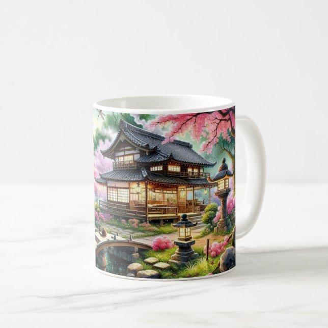 Serene Japanese Garden at Dusk Painting Coffee Mug (Front Right)