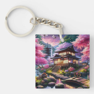 Serene Japanese Garden at Dusk Painting Key Ring
