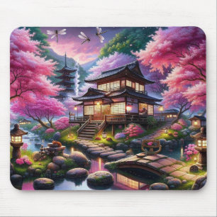 Serene Japanese Garden at Dusk Painting Mouse Mat