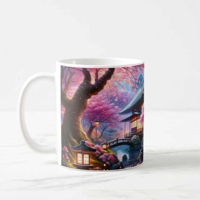 Serene Japanese Garden at Twilight Painting Coffee Mug (Left)