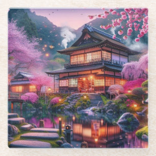 Serene Japanese Garden at Twilight Painting Glass Coaster