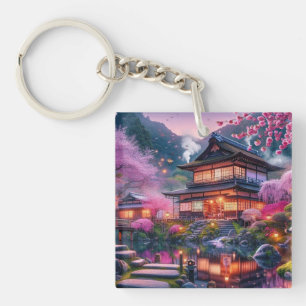 Serene Japanese Garden at Twilight Painting Key Ring