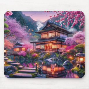 Serene Japanese Garden at Twilight Painting Mouse Mat
