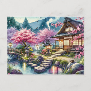 Serene Japanese Garden at Twilight Painting Postcard
