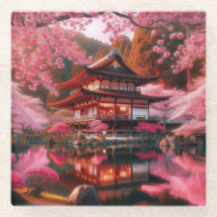 Serene Japanese Garden in Full Bloom Painting Glass Coaster