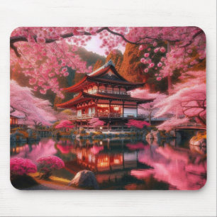 Serene Japanese Garden in Full Bloom Painting Mouse Mat