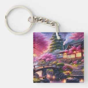 Serene Japanese Garden Retreat Painting Key Ring