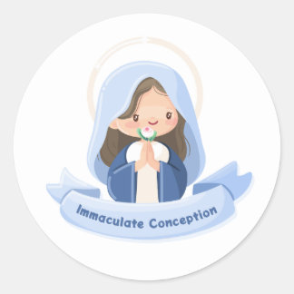 Serene Kawaii Virgin Mary Praying with Flower – Wh Classic Round Sticker