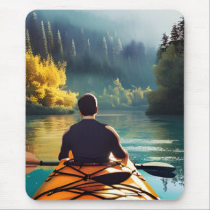 Serene Kayaking Scene Man in Kayak in Mountains Mouse Mat