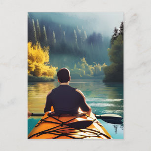 Serene Kayaking Scene Man in Kayak in Mountains Postcard