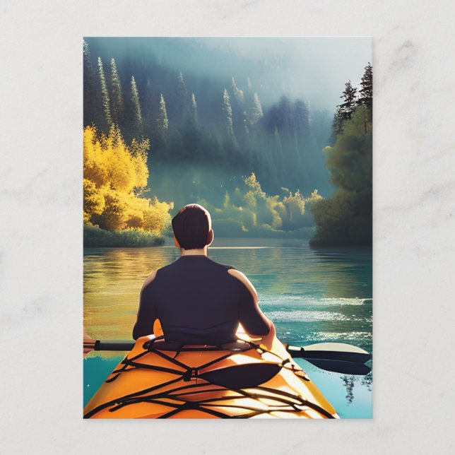 Serene Kayaking Scene | Man in Kayak in Mountains Postcard (Front)