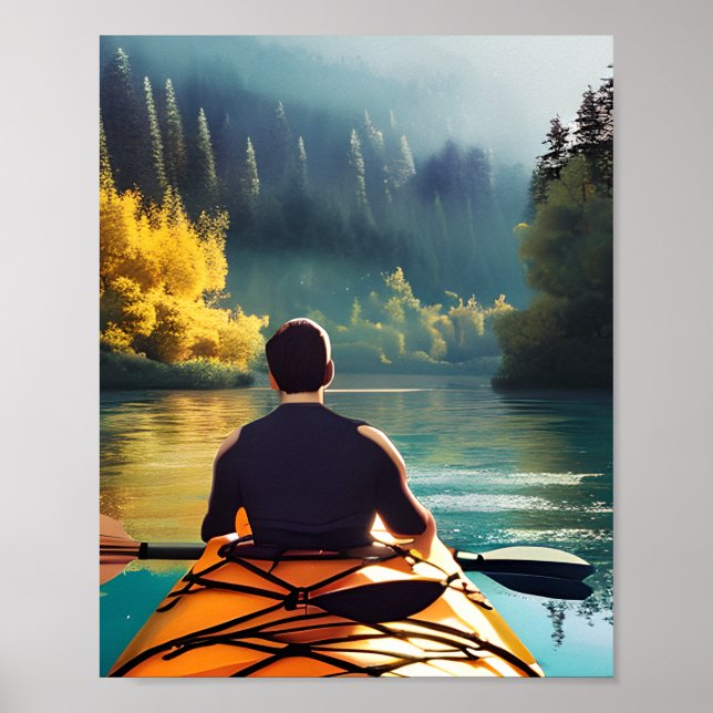 Serene Kayaking Scene | Man in Kayak in Mountains Poster (Front)