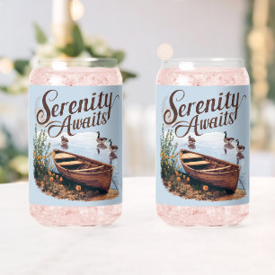 Serene Lake Boat with Geese and Wildflowers Can Glass