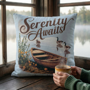 Serene Lake Boat with Geese and Wildflowers Cushion