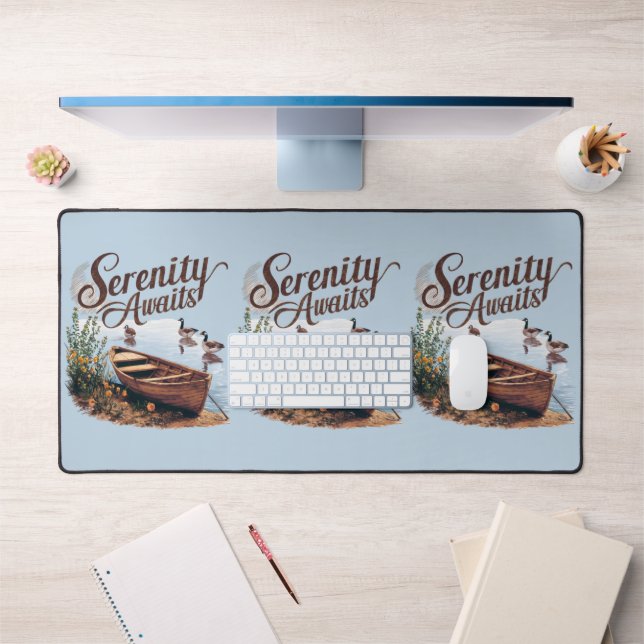 Serene Lake Boat with Geese and Wildflowers Desk Mat (Office 1)