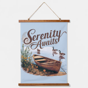 Serene Lake Boat with Geese and Wildflowers Hanging Tapestry