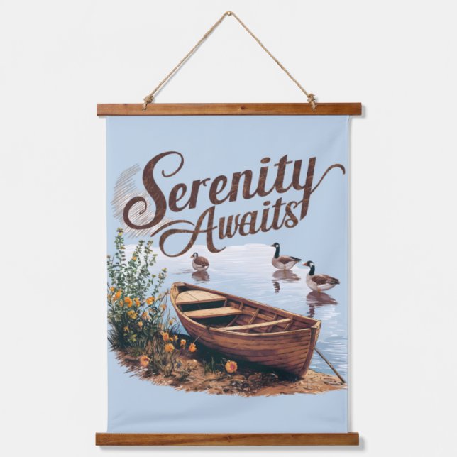 Serene Lake Boat with Geese and Wildflowers Hanging Tapestry (Front)
