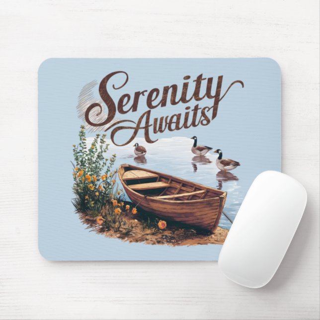 Serene Lake Boat with Geese and Wildflowers Mouse Mat (With Mouse)