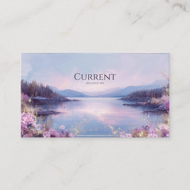Serene Lake Landscape Floral Gold Glitter Business Card (Front)