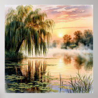 Serene Lake Sunrise with Willow Tree