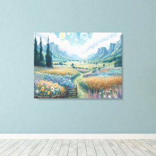 Serene Landscape: Blooming Flowers and Mountains Canvas Print