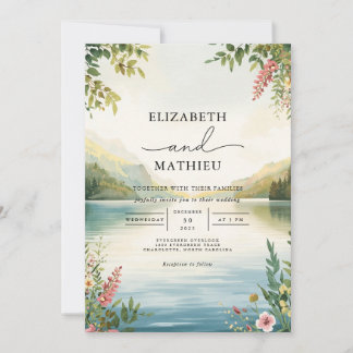 Serene Landscape Floral Watercolor Wedding Invitation